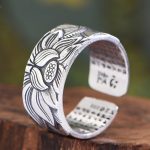 Buddhism Jewelry Like Vintage And Old Real Silver Plated Prajna Paramita Heart Sutra Lotus Ring - Image 2
