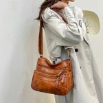 Women Shoulder Bag Large Capacity Washed Leather Messenger Bags Multi Zipper - Image 6