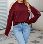 Women's New Fashionable Round Neck Off Shoulder Design Shirt - Image 4