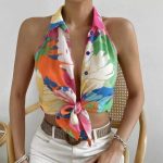 Ladies' Colorful Floral Print Sleeveless Vacation Style Loose Chiffon Shirt - Image 2