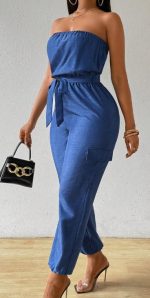 Women's Summer Casual Denim-Look Strapless Jumpsuit With Utility Design - Image 2