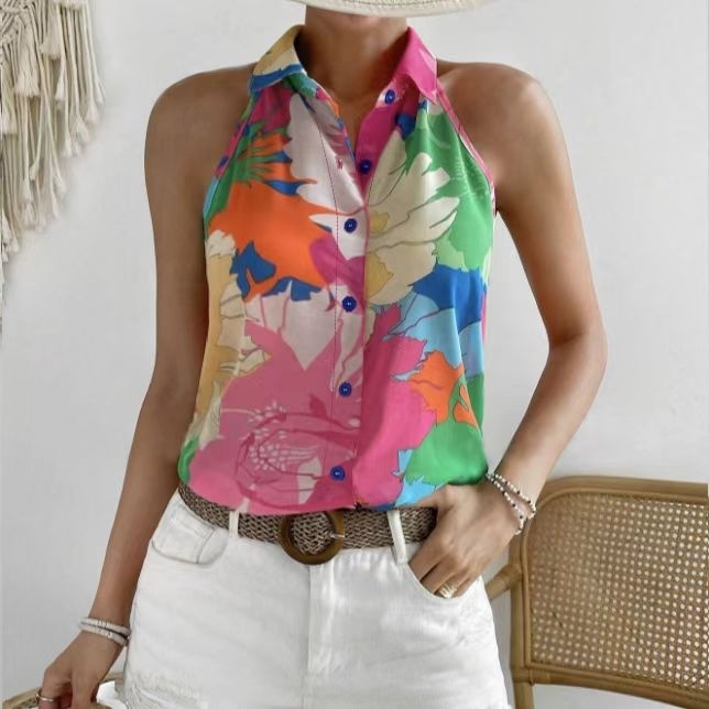 7233dbd4-81a0-4ecc-a52b-ac6e7097b9f6.jpg Ladies' Colorful Floral Print Sleeveless Vacation Style Loose Chiffon Shirt - Image 1