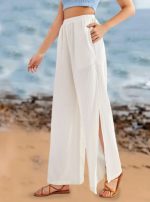 Ladies' Solid Color Transparent Yarn Slit Fashionable Loose Pants - Image 3