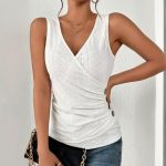 Women's V-Neck Sleeveless Ruched Tank Top Slim Fit Button Detail Summer Casual Tee - Image 4