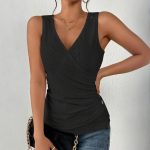 Women's V-Neck Sleeveless Ruched Tank Top Slim Fit Button Detail Summer Casual Tee - Image 3