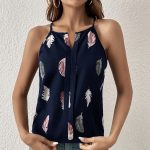 Women's Feather Print Notch V-neck Versatile Camisole Vest
