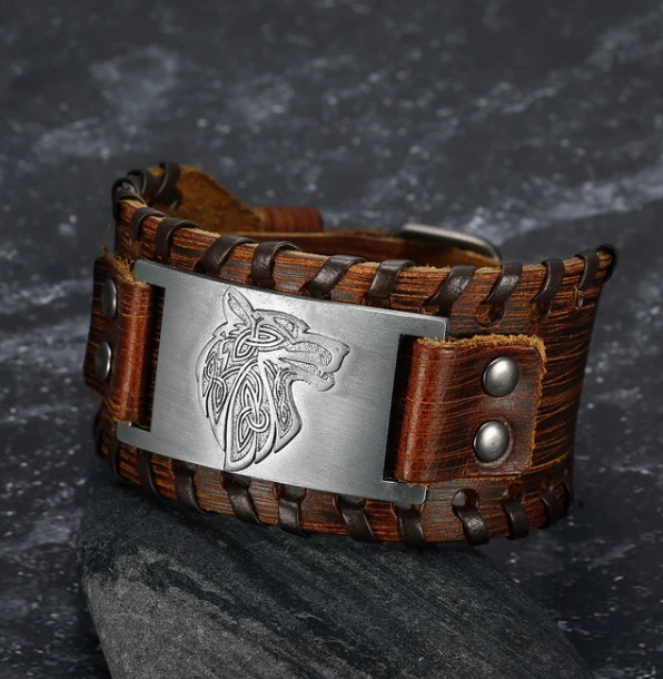 b62efc5f-7a86-4456-a101-3fdc324a150e.jpg Asgard Crafted Leather Buckle Arm Cuff With Fenrir Design - Image 1