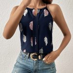 Women's Feather Print Notch V-neck Versatile Camisole Vest - Image 3
