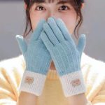 Winter Mittens Brown Striped Embroidered Warm Cycling Spot Universal Cartoon Gloves Ins - Image 3