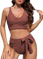 Twist High Waisted Bikini For Women Spaghetti Wide Strap Bathing Suit Knotted Bikini Swimsuits Tummy Control Swimwear