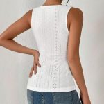 Women's V-Neck Sleeveless Ruched Tank Top Slim Fit Button Detail Summer Casual Tee - Image 2