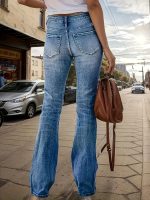 Women's High-Waisted Stretch Skinny Flare Jeans - Vintage Street Style, Distressed Denim With Button And Zipper Fly Closure - Comfortable Blend Casual Pants For Casual Attire - Image 5