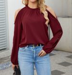Women's New Fashionable Round Neck Off Shoulder Design Shirt - Image 5